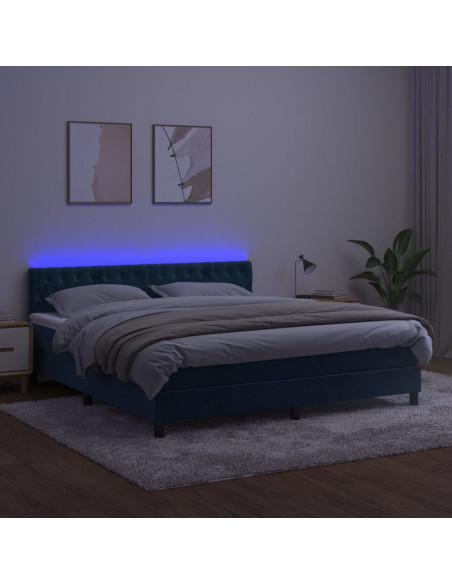 Letto a Molle con Materasso e LED Blu Scuro 160x200 cm