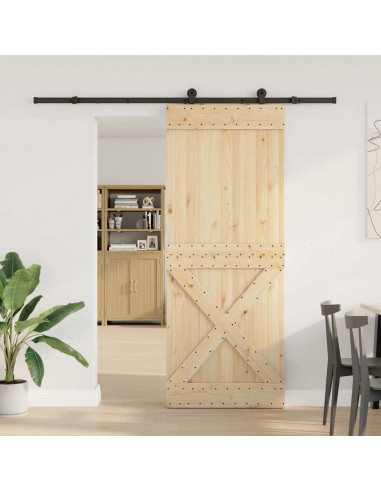 Porta Scorrevole con Set Hardware 90x210 cm Legno Massello Pino