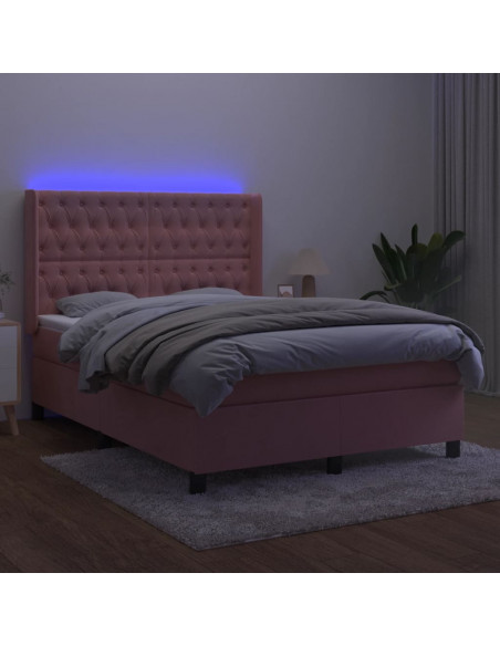 Letto a Molle con Materasso e LED Rosa 140x190 cm in Velluto