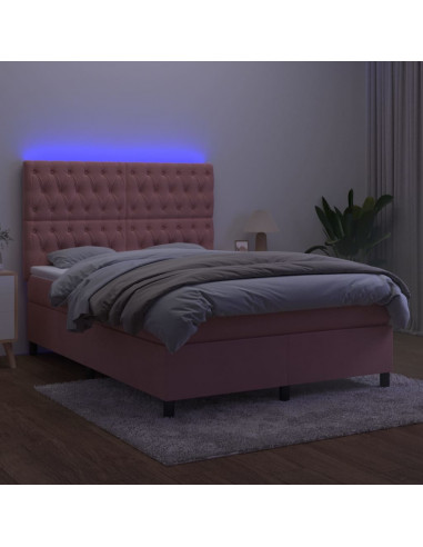 Letto a Molle con Materasso e LED Rosa 140x190 cm in Velluto
