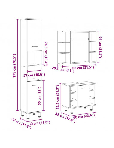 Set Mobili da Bagno 3 pz Legno Antico in Legno Multistrato