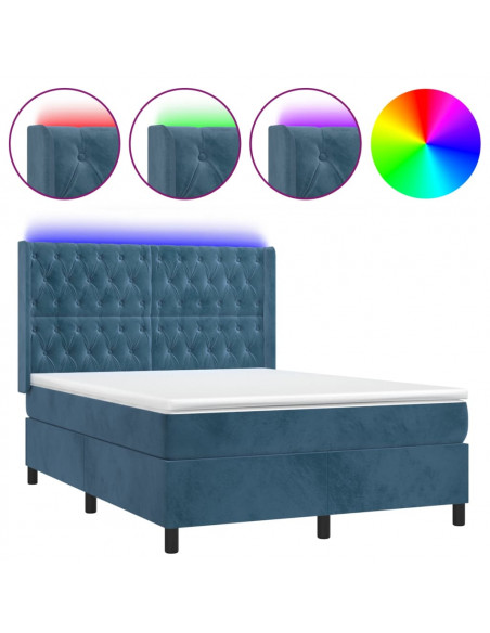 Letto a Molle con Materasso e LED Blu Scuro 140x190 cm