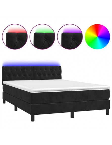 Letto a Molle con Materasso e LED Nero 140x190 cm in Velluto