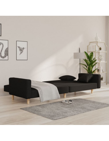 Divano Letto a 2 Posti con 2 Cuscini Nero in Tessuto