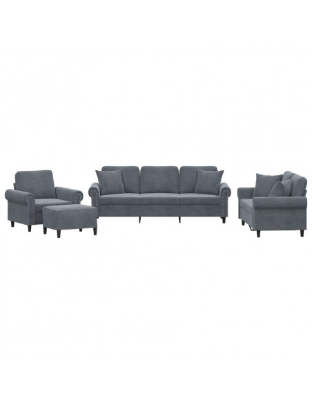 Set di Divani 4 pz con Cuscini Grigio Scuro in Velluto