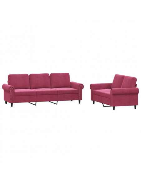 Set di Divani 2 pz con Cuscini Rosso Vino in Velluto