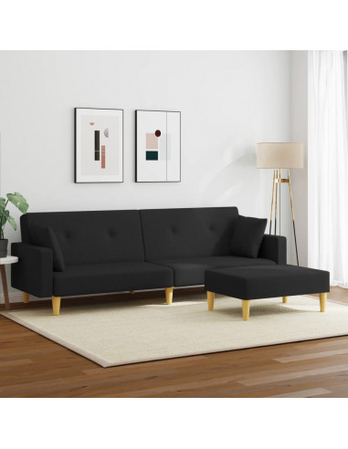 Divano Letto a 2 Posti con Poggiapiedi Nero in Tessuto