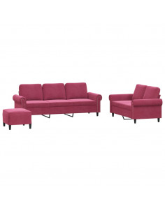 Set di Divani 3 pz con Cuscini Rosso Vino in Velluto