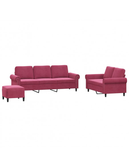 Set di Divani 3 pz con Cuscini Rosso Vino in Velluto
