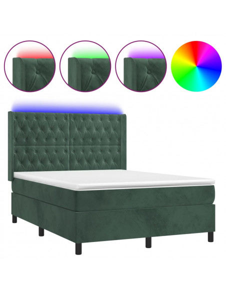 Letto a Molle con Materasso e LED Verde Scuro 140x190cm Velluto