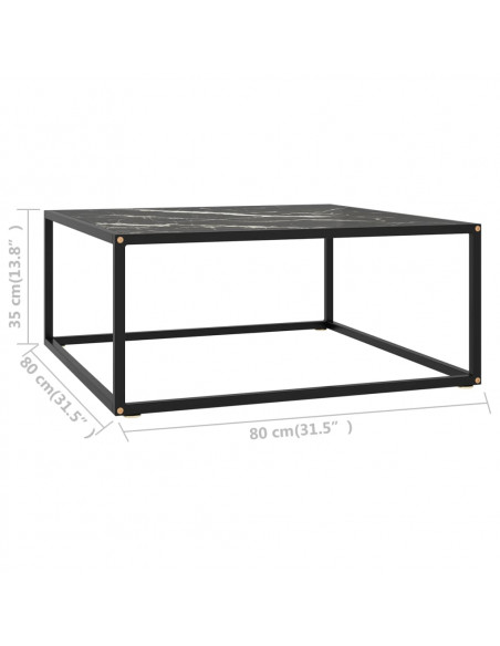 Tavolino da Salotto Nero con Vetro Marmo Nero 80x80x35 cm
