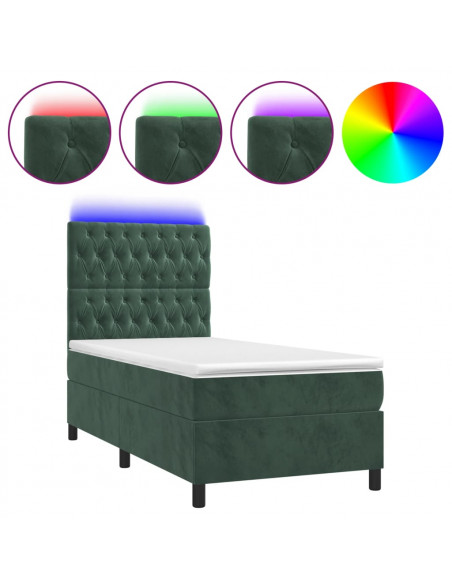 Letto a Molle con Materasso e LED Verde Scuro 80x200cm Velluto