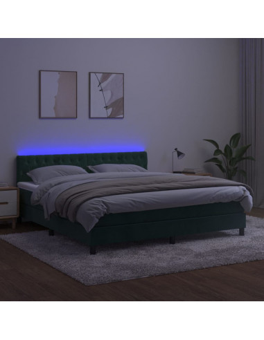 Letto a Molle con Materasso e LED Verde Scuro 160x200cm Velluto