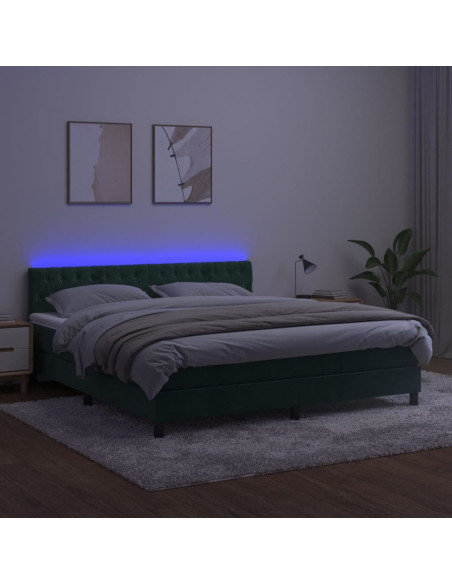 Letto a Molle con Materasso e LED Verde Scuro 160x200cm Velluto