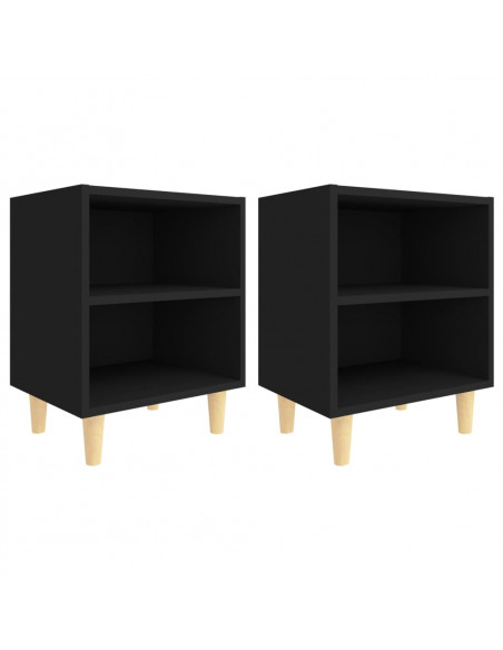 Comodini con Gambe in Legno Massello 2pz Neri 40x30x50 cm