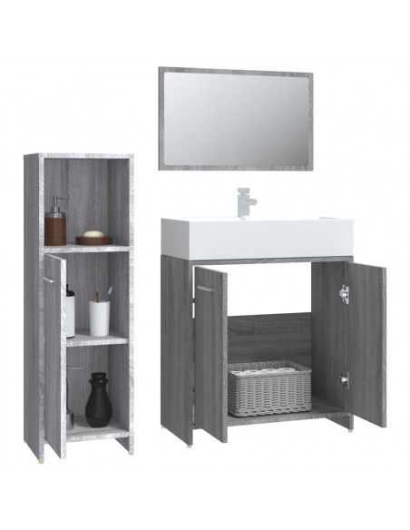 Set Mobili da Bagno 3 pz Grigio Sonoma in Legno Multistrato