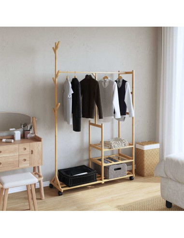 Appendiabiti con Ripiani e Ruote 100x38x175,5 cm in Bambù