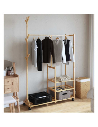 Appendiabiti con Ripiani e Ruote 100x38x175,5 cm in Bambù