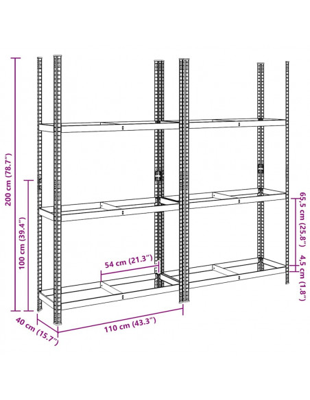 Ripiani Pneumatici a 3 Strati 2 pz Argento 110x40x200cm Acciaio