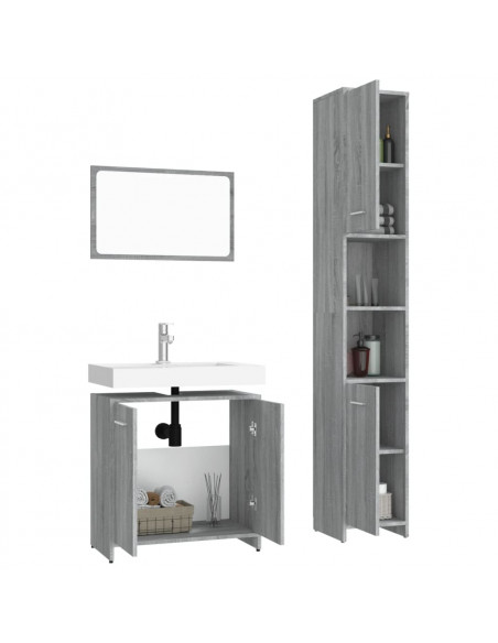 Set Mobili da Bagno 3 pz Grigio Sonoma in Legno Multistrato