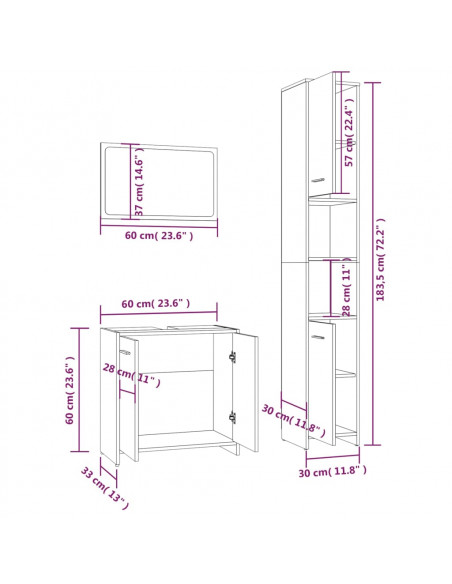 Set Mobili da Bagno 3 pz Grigio Sonoma in Legno Multistrato