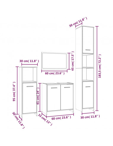 Set Mobili da Bagno 4 pz Grigio Sonoma in Legno Multistrato