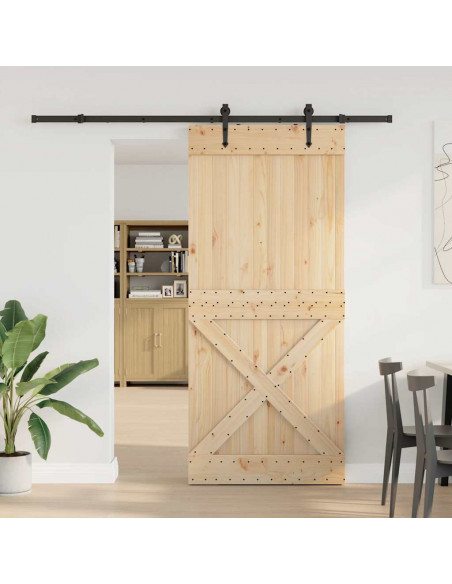 Porta Scorrevole con Set Hardware 90x210 cm Legno Massello Pino