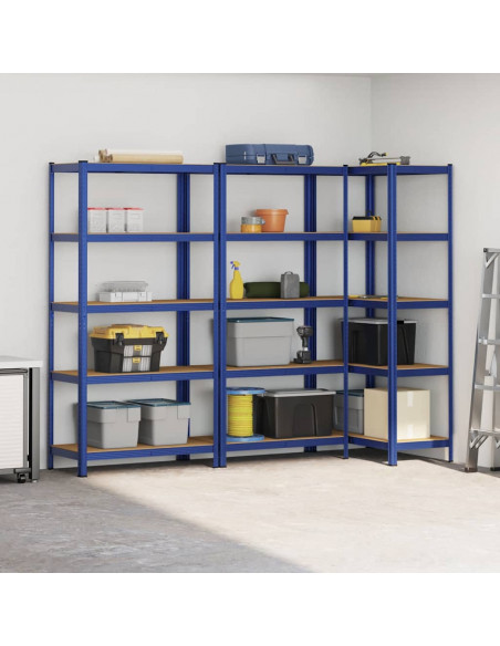 Mensole Portaoggetti 5 Strati 3pz Blu Acciaio Legno Multistrato