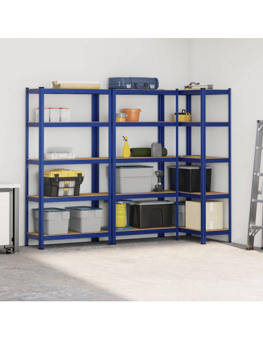 Mensole Portaoggetti 5 Strati 3pz Blu Acciaio Legno Multistrato