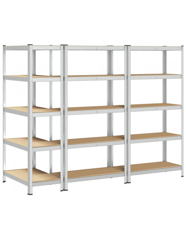 Scaffali Resistenti 5 Ripiani 3pz Argento Acciaio e Multistrato