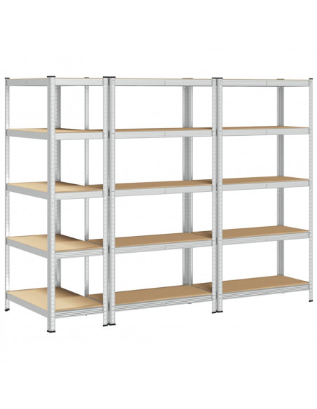 Scaffali Resistenti 5 Ripiani 3pz Argento Acciaio e Multistrato