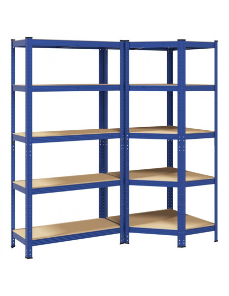 Set di Scaffali 2pz a 5 Ripiani Blu Acciaio e Legno Multistrato
