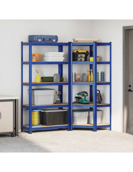 Set di Scaffali 2pz a 5 Ripiani Blu Acciaio e Legno Multistrato