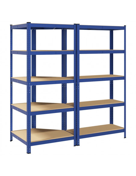 Set di Scaffali 2pz a 5 Ripiani Blu Acciaio e Legno Multistrato
