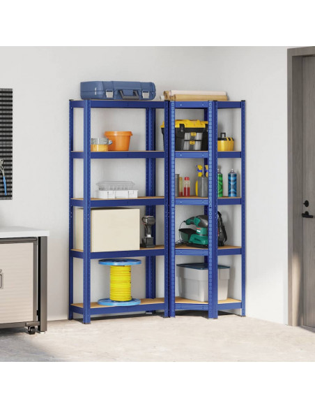Set di Scaffali 2pz a 5 Ripiani Blu Acciaio e Legno Multistrato