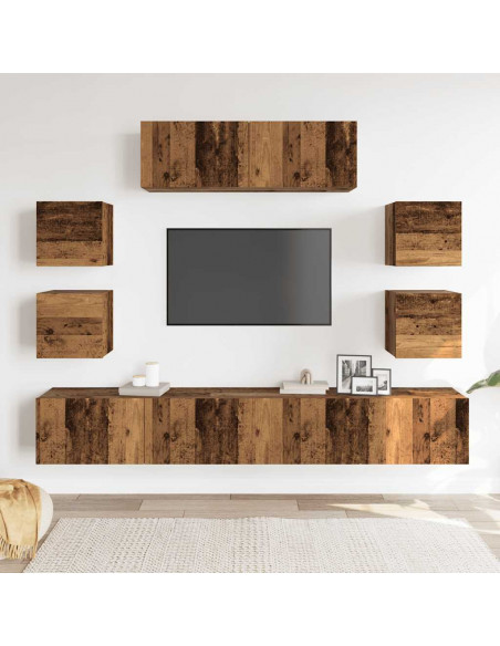 Set Mobile TV 7 pz Montato a Parete Legno Antico in Truciolato