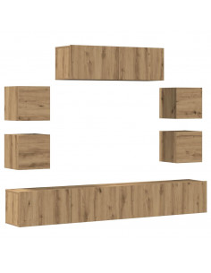 Set Mobile TV 7 pz Montato a Parete Rovere in Legno Multistrato