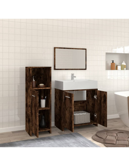 Set Mobili da Bagno 3 pz Rovere Fumo in Legno Multistrato