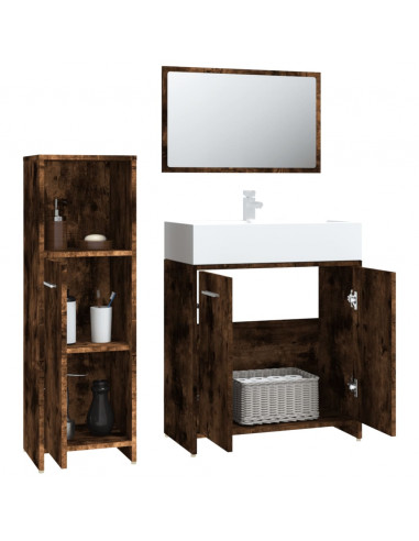 Set Mobili da Bagno 3 pz Rovere Fumo in Legno Multistrato