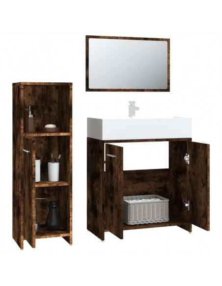 Set Mobili da Bagno 3 pz Rovere Fumo in Legno Multistrato