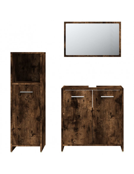 Set Mobili da Bagno 3 pz Rovere Fumo in Legno Multistrato