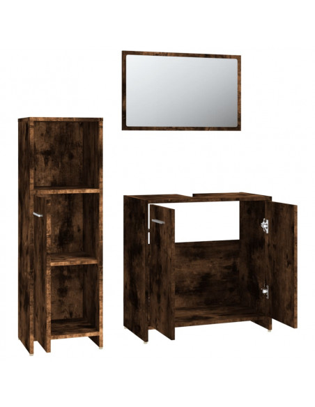 Set Mobili da Bagno 3 pz Rovere Fumo in Legno Multistrato