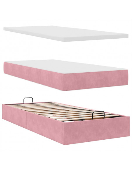 Struttura Letto Pouf con Materassi Rosa 90x200 cm in Velluto