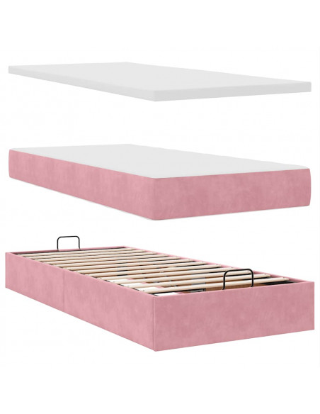 Struttura Letto Pouf con Materassi Rosa 90x200 cm in Velluto