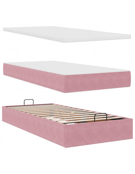 Struttura Letto Pouf con Materassi Rosa 100x200 cm Velluto