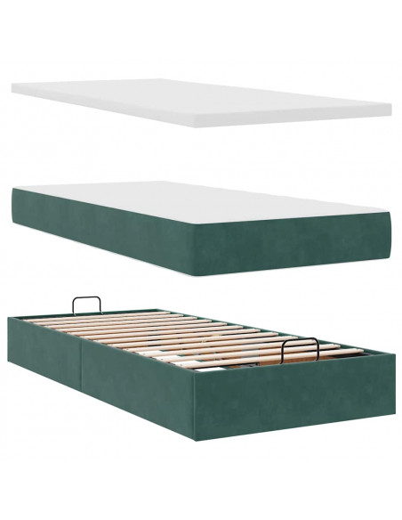 Pouf Letto con Materasso e LED Verde Scuro 80x200cm in Velluto