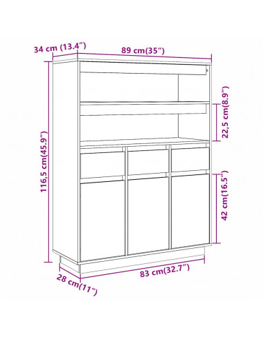 Credenza Bianca 89x34x116,5 cm in Legno Massello di Pino