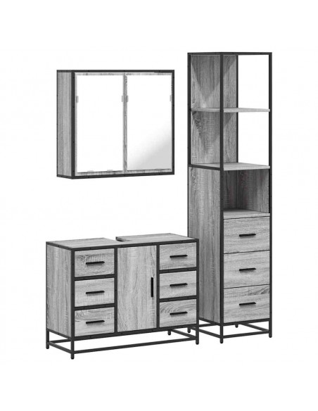 Set Mobili da Bagno 3 pz Grigio Sonoma in Legno Multistrato