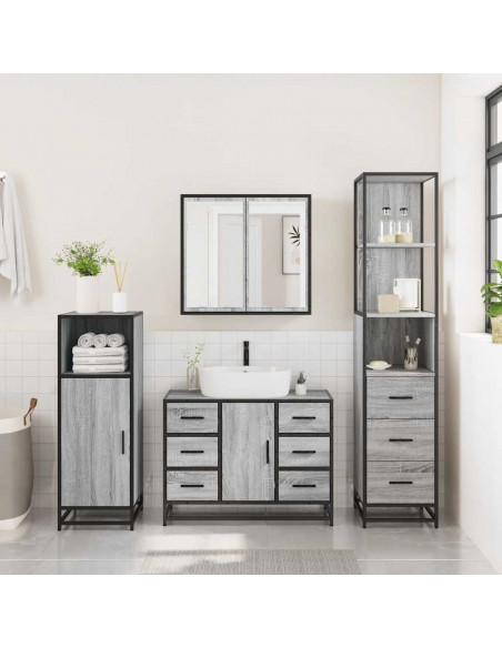 Set Mobili da Bagno 3 pz Grigio Sonoma in Legno Multistrato