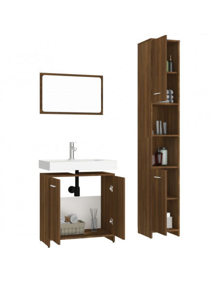 Set Mobili da Bagno 3 pz Rovere Marrone in Legno Multistrato